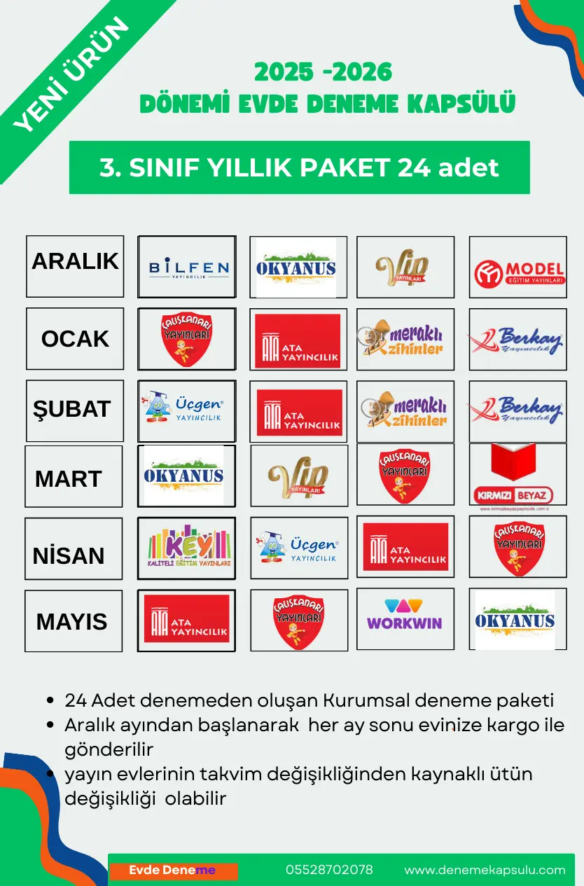 3 Sınıf Kurumsal Türkiye Geneli Deneme Sınavı 24 Lü Paket