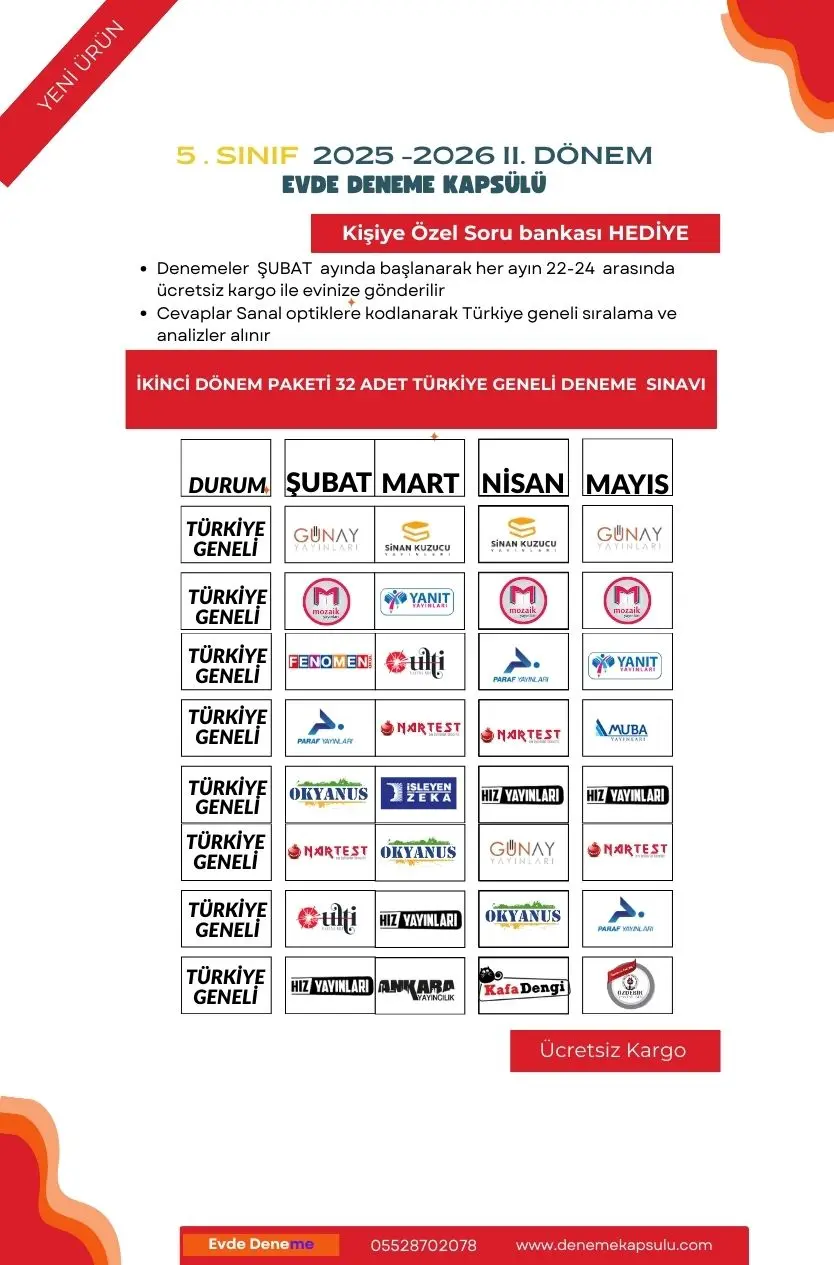 5. Sınıf Iı.dönem Türkiye Geneli Deneme Paketi 32 Li + Kişiye Özel Soru Bankası