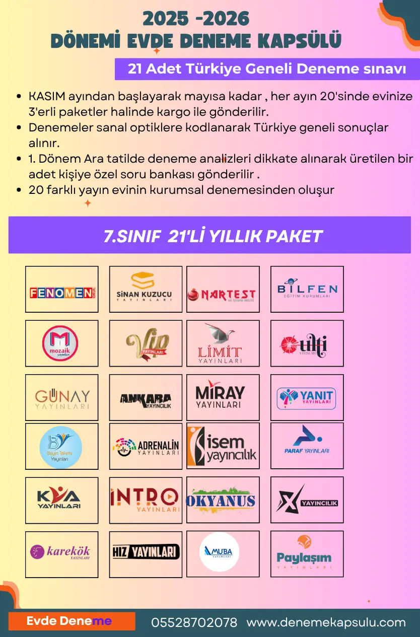 7. Sınıf 21'li Türkiye Geneli Deneme Paketi 2025 - 2026
