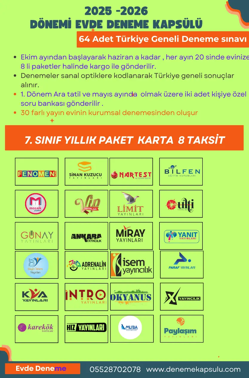 7. Sınıf 64 Kurumsal Türkiye Geneli Deneme Sınavı + Iki Adet Kişiye Özel Soru Bankası