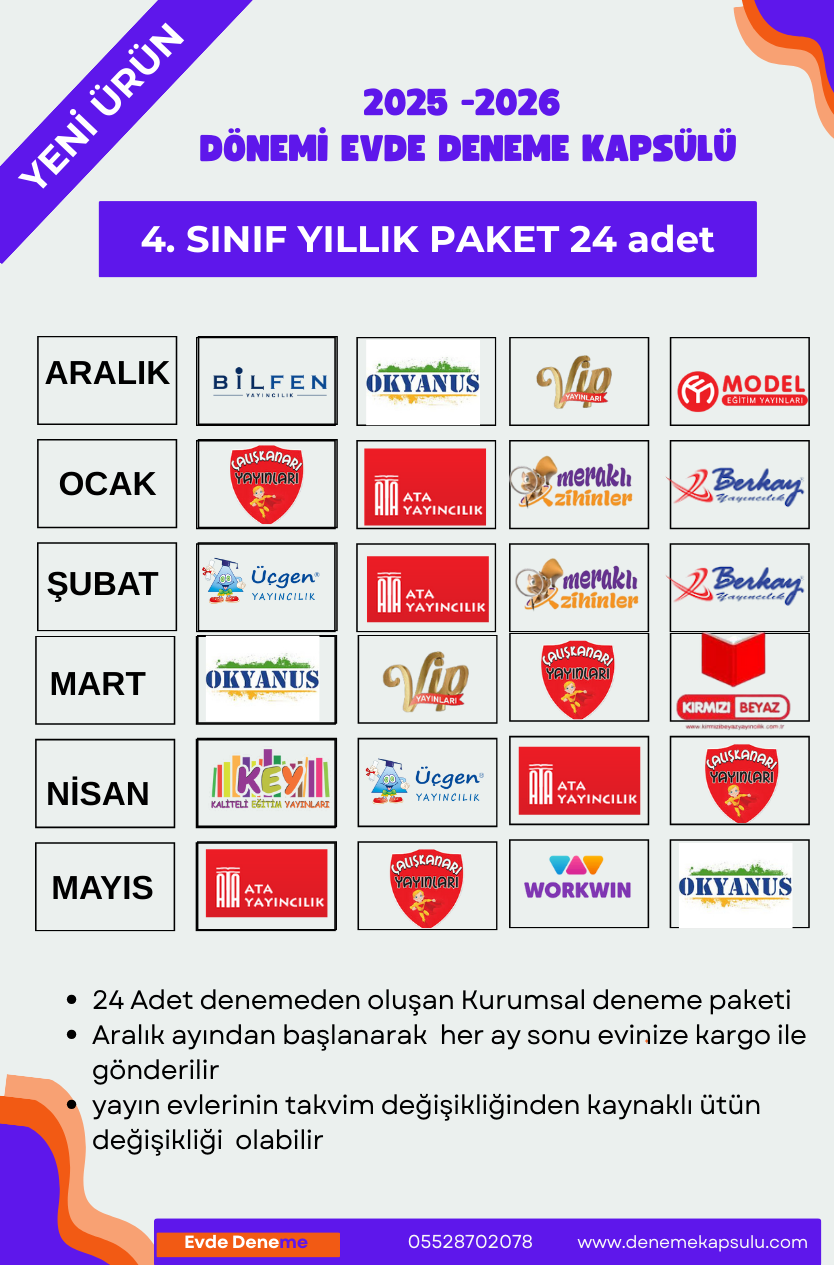 4. Sınıf Kurumsal Türkiye Geneli Deneme Sınavı 24 Lü Paket