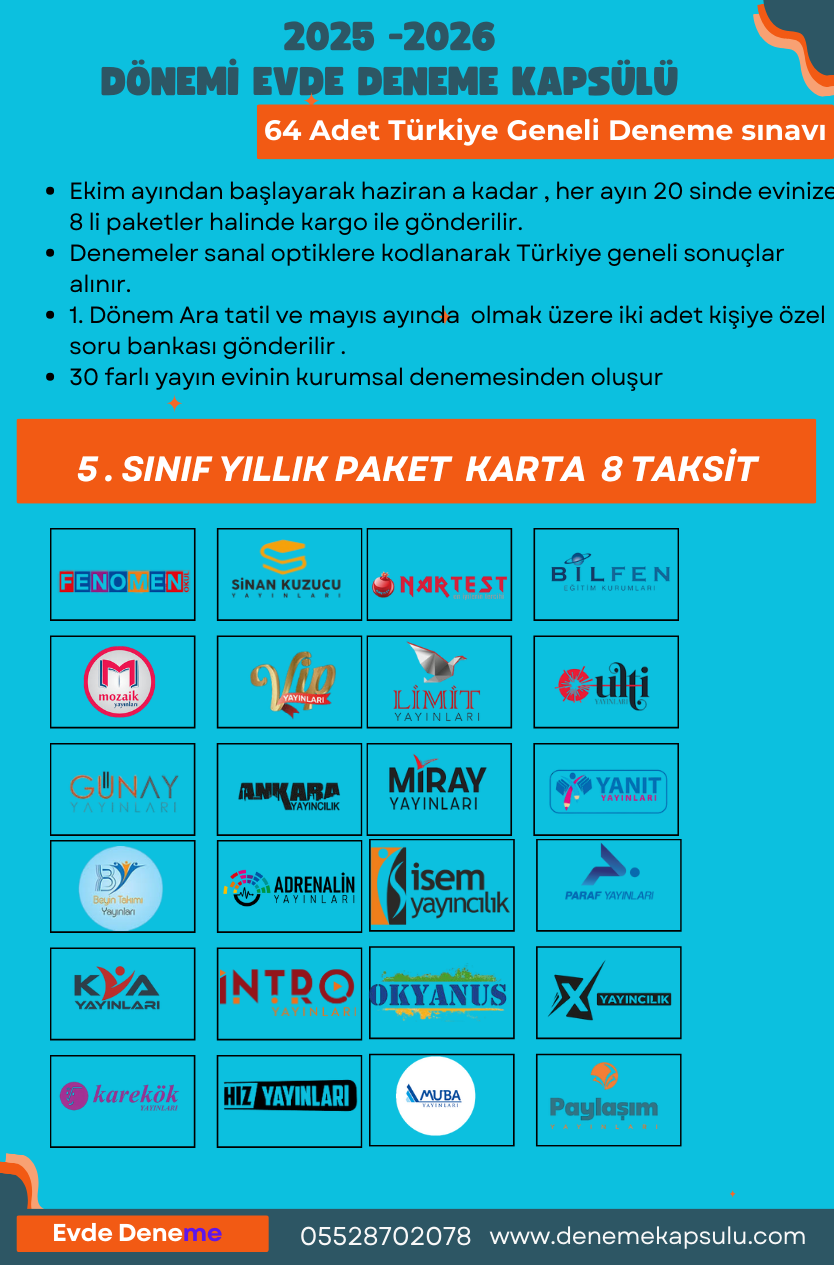 2025-2026 & 64 Adet Biryıllık Kurumsal Türkiye Geneli 5.sınıf Deneme Paketi