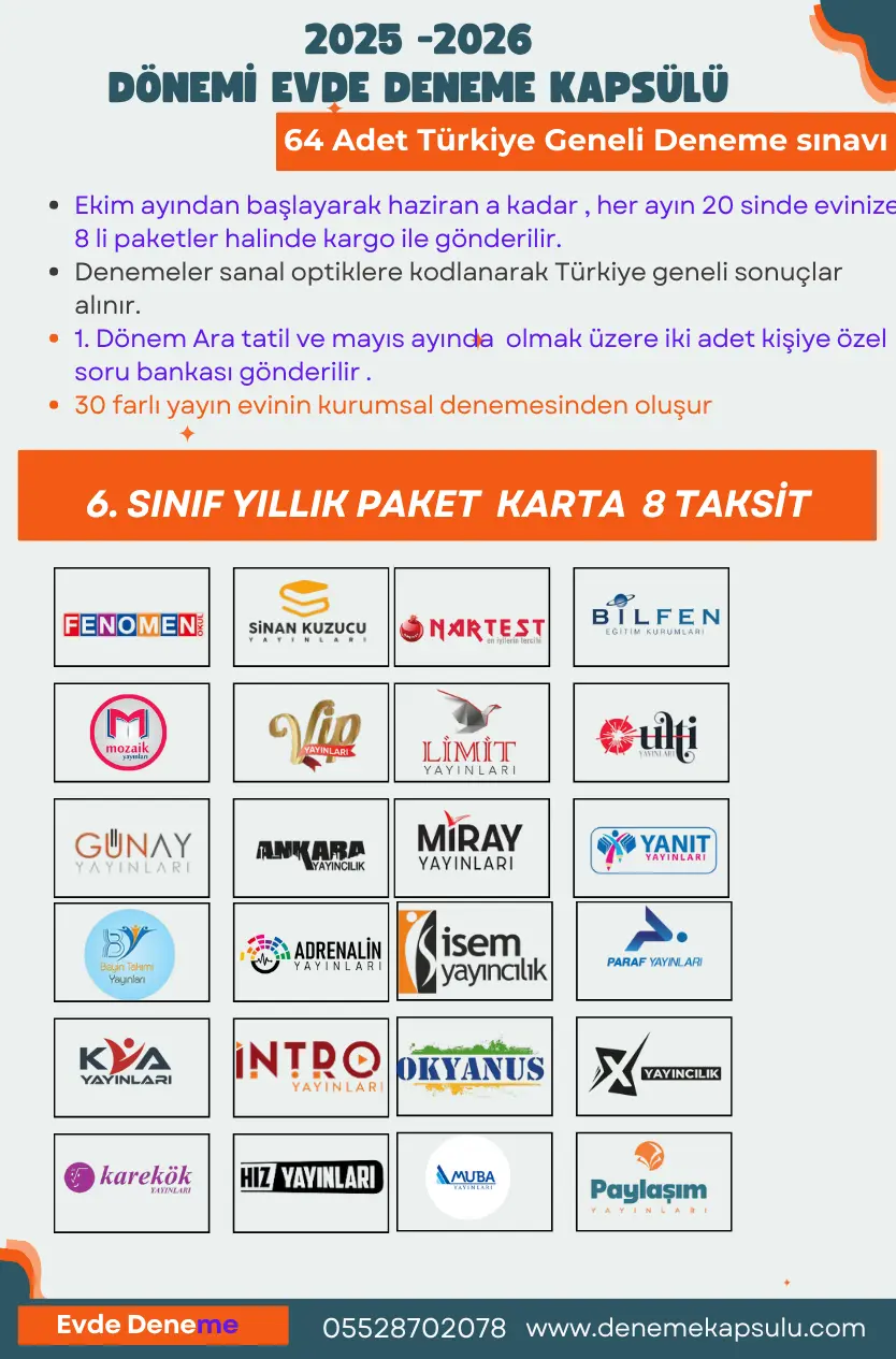 2025-2026 & 64 Adet Biryıllık Kurumsal Türkiye Geneli 6.sınıf Deneme Paketi