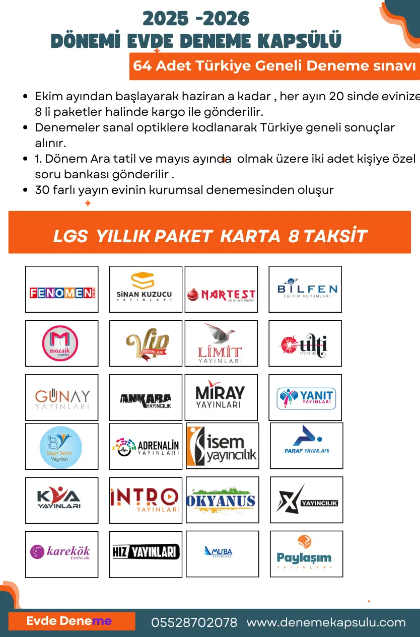 2025-2026 & 64 Adet Biryıllık Kurumsal Türkiye Geneli Lgs Deneme Paketi