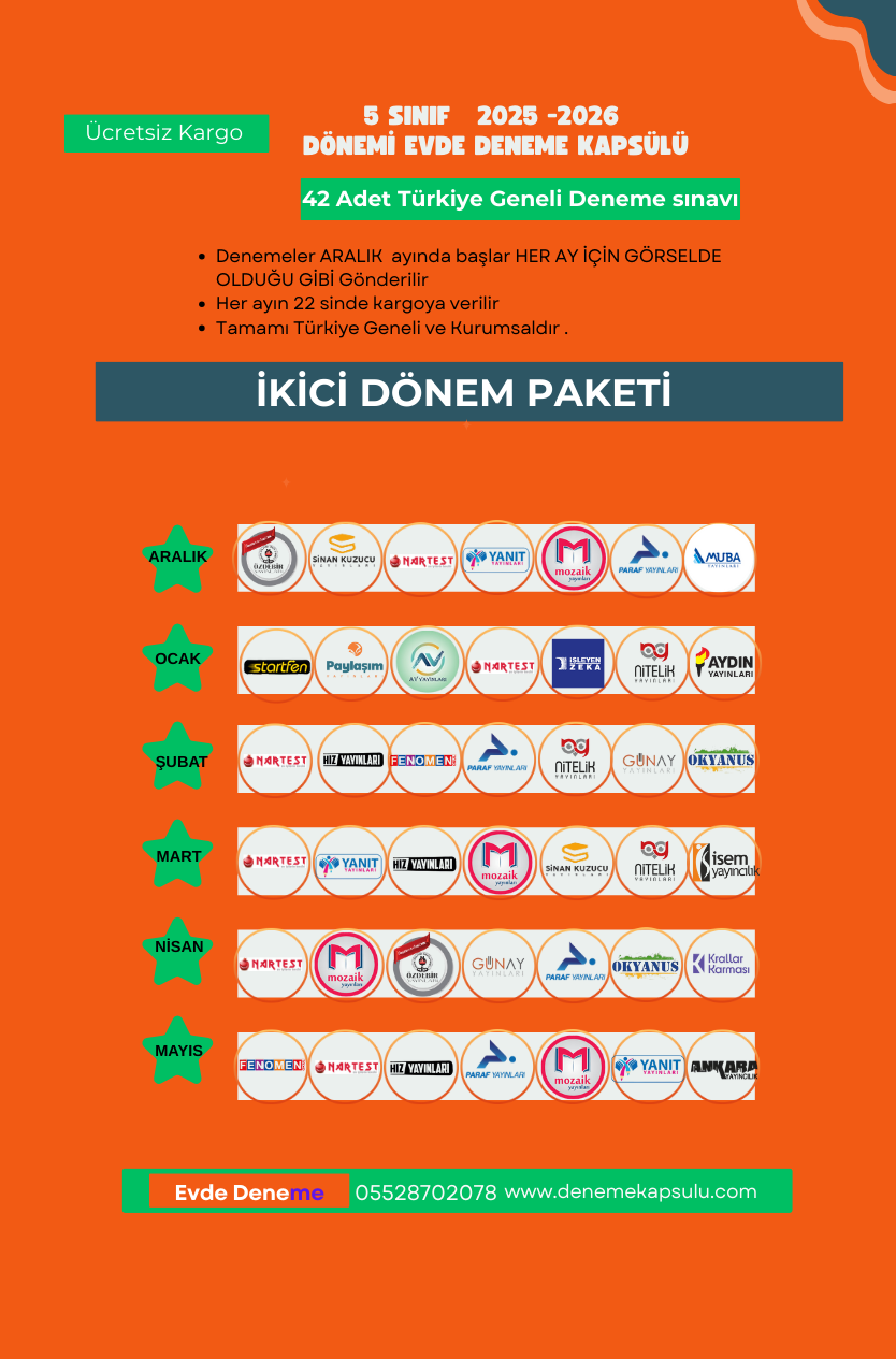 5 Sınıf 2. Dönem 42 Li Türkiye Geneli Deneme Aboneligi