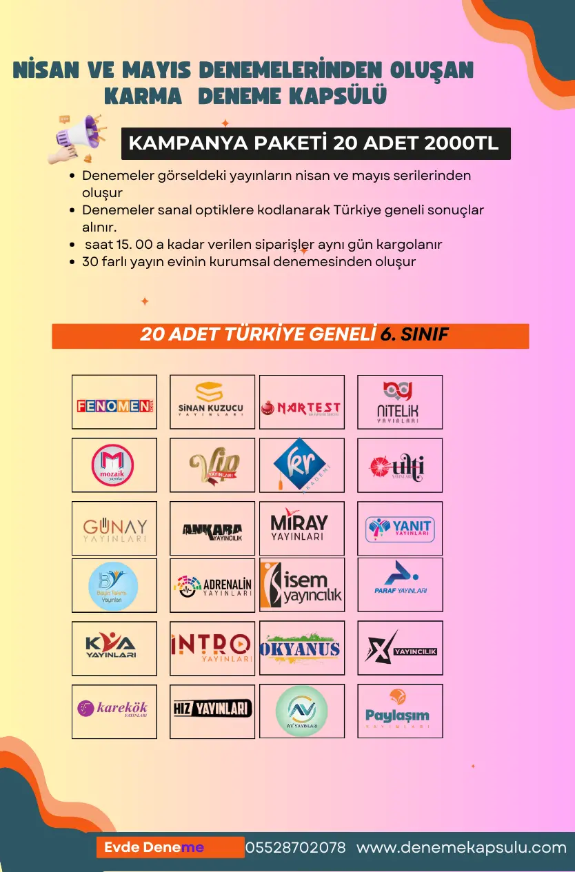 6. Sınıf Türkiye Geneli Deneme Sınavı 20 Adet Nisan - Mayıs Karma
