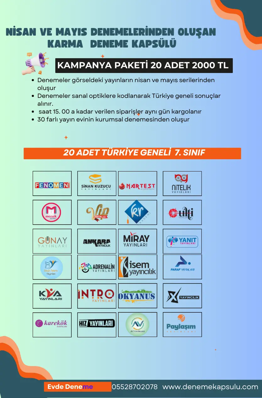 7. Sınıf Türkiye Geneli Deneme Sınavı 20 Adet Nisan - Mayıs Karma