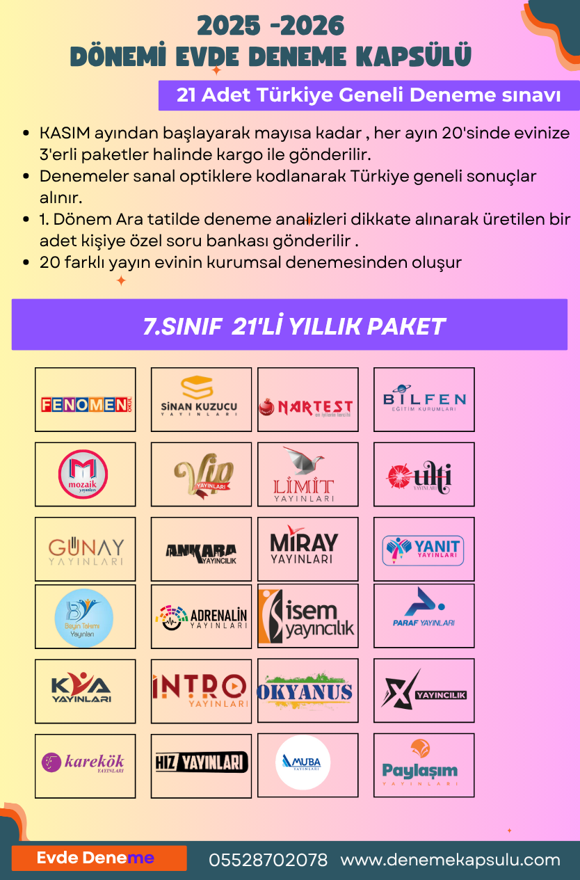7. Sınıf 21'li Türkiye Geneli Deneme Paketi 2025 - 2026