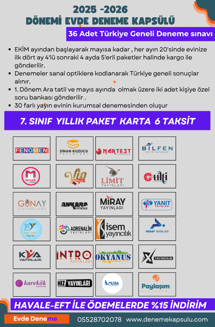 7. Sınıf 36 Lı Türkiye Geneli Deneme Paketi 2025 - 2026 + Kişiye Özel 2 Adet Soru Bankası